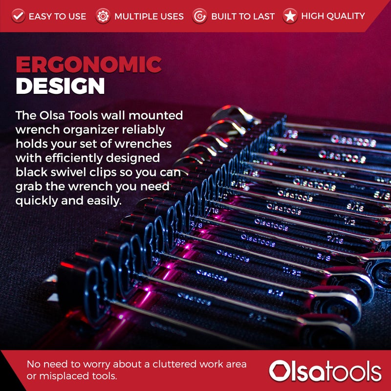Olsa Tools Wall-Mounted Wrench Rack - Red Anodized Aluminum Rail with Black Clips - Stores 14 SAE or Metric Wrenches Securely - Professional Organizer - Part: 1028 - Image 2